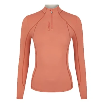 Image of LeMieux Base Layer Sweat Wicking Fabric Breathable Vented Under Arms 360 Stretch 50+ UV Protection Ultra Soft Seam Flat Lock Stitching Apricot UK 14