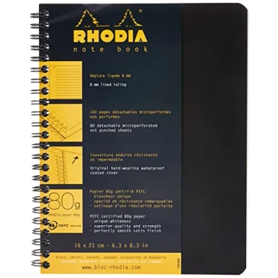 Image of RHODIA 193469C Spiral Notebook (Full Bound) Black A5+ Ruled 160 Detachable Pages Clairefontaine Paper 80 g/m Soft and Resistant Coated Card Cover Classic