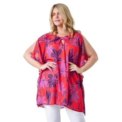 Image of Roman Curve Womens Floral Twist Detail Keyhole Top Orange Size 20 UK