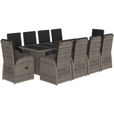 Image of vidaXL 11 Piece Garden Dining Set with Cushions Grey Poly Rattan