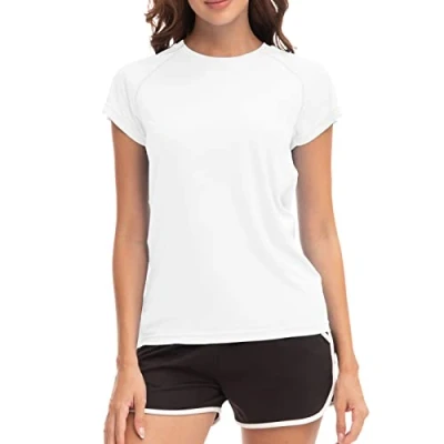 Image of MEETWEE Swim Shirts for Women, Short Sleeve T Shirt Athletic Casual Tops Quick Dry UPF 50+ Running Surfing Workout Yoga Sun Tee White