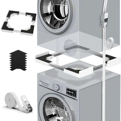 Image of Universal Stacking Kit for Washer and Dryer, Adjustable Frame Fit 45 68cm Machine/Dryer, with Ratchet Rope, Attachment Dryer,White
