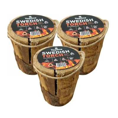 Image of Swedish Fire Torch Instant Wood 3 x Extra Dry Kiln Dried Logs with Topline Card. Perfect for a Garden Pit. Can Be Used as Campfire, Stove or Even Lantern/Garden Candle