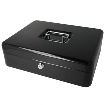 Image of Westcott Lockable cash box (large, 30 cm) BLACK made of sheet steel with 2 keys Removable coin tray 5 compartments E 51002