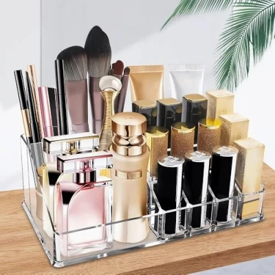Image of Ubitree Makeup Organizer, Acrylic Lipstick Rack with 16 Sections for Lipstick, Brush, Eyeliner, Nail Gel Perfume, Save Space Cosmetic Storage Tray Bathroom, Dressing Room, Bedroom