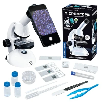 Image of The Thames &amp; Kosmos Microscope Essential STEM Tool with Smartphone Adapter to Capture View Microscopic Images, Entry Level Student Science Device, 60x 600x Magnification 45 Accessories