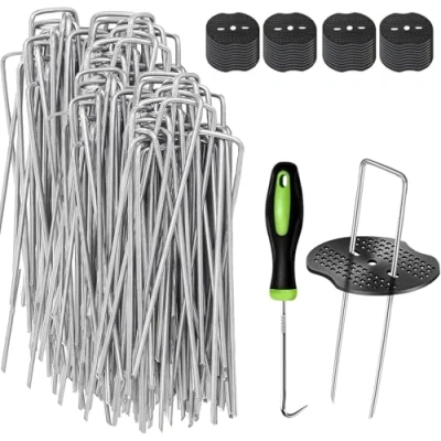 Image of Weed Membrane Pegs, 100 Pack Metal 6&quot;/150mm Pegs+50 Buffer Washer Heavy Duty Ground Pegs Fabric Garden Staples Artificial Grass Pins for Membrane, Sliver