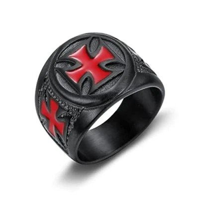 Image of HCMA Vintage Black &amp; Red Stainless Steel Armor Shield Templar Knight Crusader Cross Punk Ring Amulet Masonic Jewelry Gift