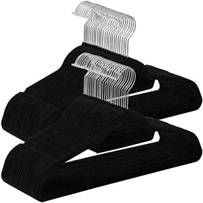 Image of SONGMICS Velvet Hangers, Set of 50 Coat Hangers for Clothes, Non Slip, with Tie Bar and 360 Swivel Hook, Space Saving, 0.6 cm Thick, 43.5 Long, Trousers, Silver Black CRF50B