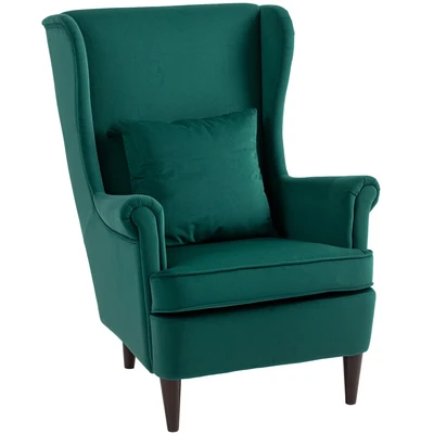 Image of HOMCOM Modern Accent Chair, Upholstered Wingback Armchair with High Backrest and Pillow, Velvet Feel Fabric Reading Chair Solid Wood Legs for Living Room, Bedroom, Home Office, Dark Green