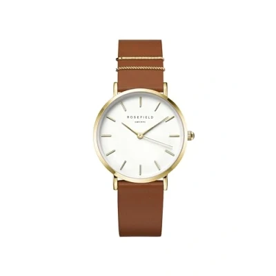 Image of Rosefield Women&#039;s Watch The West Village: Gold 33mm Round Case with White Dial and Cognac Strap WWCG W86
