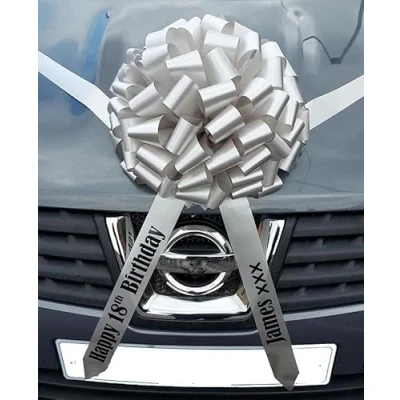 Image of AJ Party Store Personalised Large Gift Car Bow Giant For Birthday Presents Bikes Scooters Hand Made Wrapping Wedding Ribbon With Over 80 Loops 14 Inches Bow,Silver/Grey