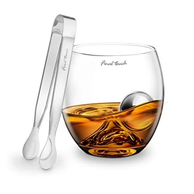 Image of Final Touch Stainless Steel Edition On The Rocks Drinking Tumbler Glass Set Includes Whiskey Glass, Ball &amp; Tongs Gift Boxed