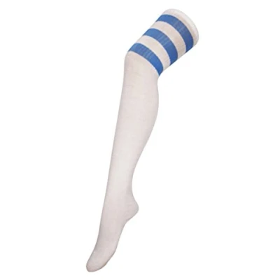 Image of Itzu Womens Over The Knee Thigh High Striped Long Socks Cheerleader (UK 4 7) in White (Blue Stripes)
