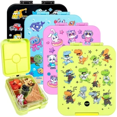 Image of Fringoo Bento Box Lunch Leak Proof, 650ml capacity, 4 Compartments, BPA Free, Green Ninja Dinsosaur Design