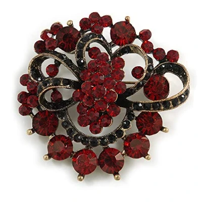 Image of Avalaya Burgundy Red &amp; Jet Black Diamante Corsage Brooch (Antique Gold Tone)