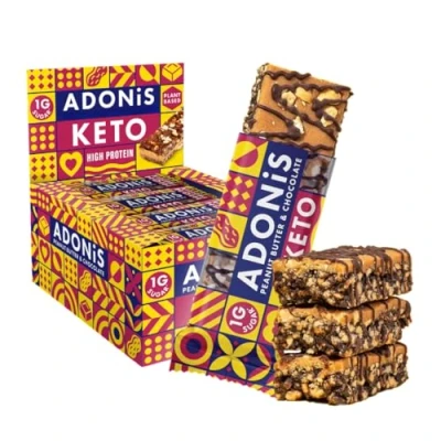 Image of Adonis Peanut Butter &amp; Chocolate High Protein Keto Bars (16x45g) Vegan Friendly Natural Snacks Sugar Free, Palm Oil Free Low Sugar, Calorie, Carb Ideal for a Diet
