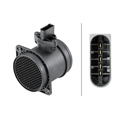 Image of 07D906461, 07D906461X Mass air flow sensor HELLA 8ET 358 095 401 without gasket/seal VOLKSWAGEN: Transporter 5, Golf 4, AUDI: A3 Sportback