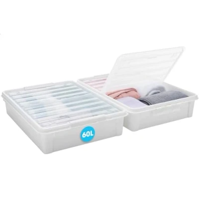 Image of SmartStore Large Plastic Under Bed Storage Boxes with Lid and Wheels 2 Pack 60L Transparent Foldable Strong Clips Recycled 10 Year Guarantee L79 x W59 H18.5 cm