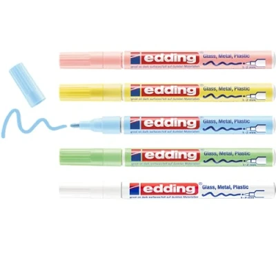 Image of edding 751 gloss paint marker set white, yellow, green, rose, blue (pastel) 5 markers round nib 1 2 mm pen for glass, pebbles, wood, plastic, paper waterproof, high coverage
