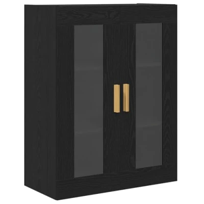 Image of vidaXL Black Oak Wall Cabinet with Glass Doors Engineered Wood Mounted Storage 69.5x34x89.8 cm for Living and Dining Room