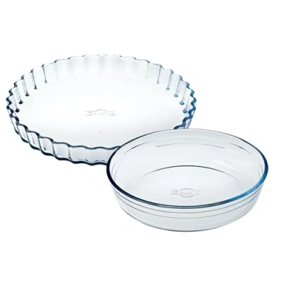 Image of Ôcuisine® Cake &amp; Flan Dishes Set 23cm 27cm Pack of 2 Glass Pie Extreme Resistance Oven Safe Freezer Microwave Borosilicate Made in France