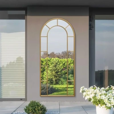 Image of MirrorOutlet The Arcus Gold Framed Modern Full Length Arched Garden Leaner Wall Mirror 75&quot; X 33&quot; (190CM 85CM) Silver Glass with Black All weather Backing.
