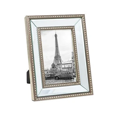 Image of Isaac Jacobs 4x6 Champagne Mirror Bead Picture Frame Classic Mirrored with Dotted Border Made for Wall Display, Tabletop, Photo Gallery and Art (4x6, Champagne)