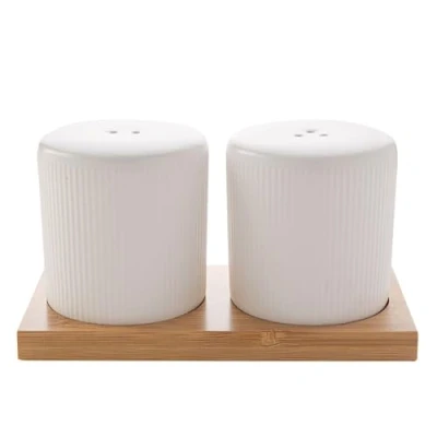 Image of Widdop and Co Hestia White Ribbed Stoneware Dinnerware Dinner Set Salt Pepper with Bamboo Stand Contemporary Stylish Tableware Lovely Gift Idea Housewarming Dining Dishes Serving
