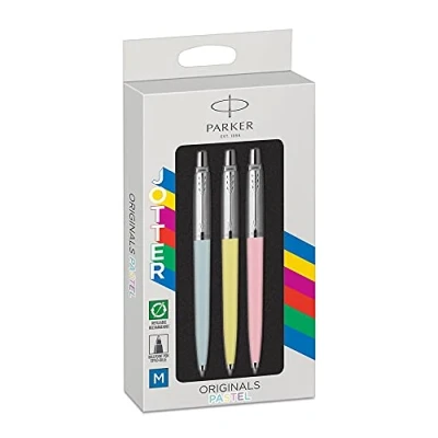 Image of Parker Jotter Originals Ballpoint Pen Pastel Collection Blue, Yellow &amp; Pink 50s Finishes Medium Point Blue Ink 3 Count