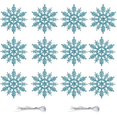 Image of 12 Pieces White Snowflake, 10CM Glitter Snowflake Hanging Decorations Christmas Tree Decor for Holiday Party, Xmas Home Décor, Blue