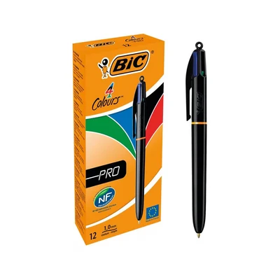 Image of BIC 4 Colours Pro Multi Pen, Coloured Pens All In One, Retractable Ballpoint Medium 1.0mm, Green, Blue, Red, Black, 12 Per Pack, 1 Pack