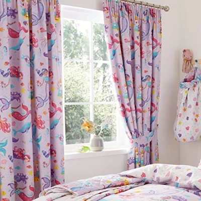 Image of Happy Linen Company Girls Kids Magical Mermaids Lilac Purple 66&quot; x 72&quot; Ring Track Pole Fully Lined Pencil Pleat Curtain Set