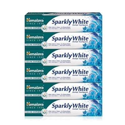 Image of Himalaya Herbals Sparkly White Herbal Vegetarian Toothpaste for whitening Teeth with Advanced Plague Removal,Anti inflammatory 12 Hour Germ Protection 75ml (Pack of 6)