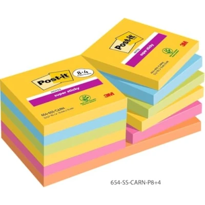Image of Post it Super Sticky Notes Carnival Color Collection,Value Pack of 8 + 4 Free Pads, 90 Sheets per Pad, 76 mm x mm, Yellow, Blue. Green, Pink Extra For Note Taking &amp; To Do Lists