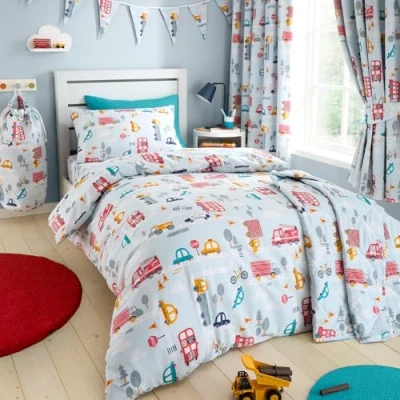 Image of Happy Linen Company Girls Boys Kids Road Trip Transport Cars Blue Single Reversible Soft Easy Care Bed Duvet Cover Quilt Bedding Set With Pillow Case