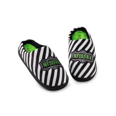 Image of Vanilla Underground Beetlejuice Unisex Black Mule Slippers Iconic Logo Design House Shoes Comfy Slip On Footwear Classic Tim Burton Movie Merchandise Halloween Costume Cosplay Accessories