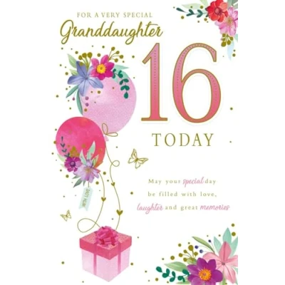 Image of Paper Rose Special Granddaughter 16th Birthday Card Age 16 Giftbox Balloons Flowers and Butterflies with Foil Details Eco Friendly Recyclable