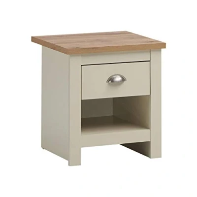Image of Timber Art Design UK Lisbon Bedside Table with 1 Drawer Chest Cabinet Storage Unit Nightstand Modern Furniture for Living Room, Bedroom, Hallway Cream and Oak Effect, H50cm x W40cm D43cm