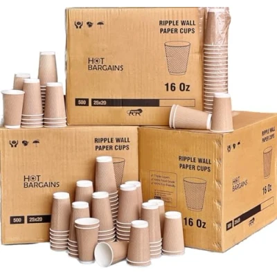 Image of HOT BARGAINS, 200 X 16oz Paper Cups Disposable Kraft Triple Walled