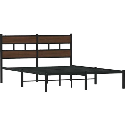 Image of vidaXL Double Bed Frame with Headboard Steel and Engineered Wood, Brown Oak, 140x200 cm Modern Style Extra Storage Space