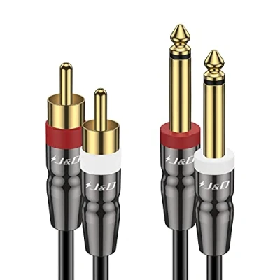 Image of J&amp;D Dual 1/4 inch TS to RCA Cable, Heavy Duty Male Adapter Stereo Audio Interconnect Quarter 0.9 Meter