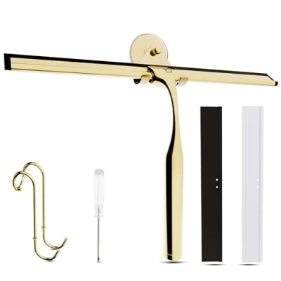 Image of Wunset 25 cm Shower Squeegee, Large Gold Window Squeegee 6 Pieces Set Including 2 Replacement Silicone Lips, Cleaner for Doors and Various Smooth Surfaces (25 cm, Gold)
