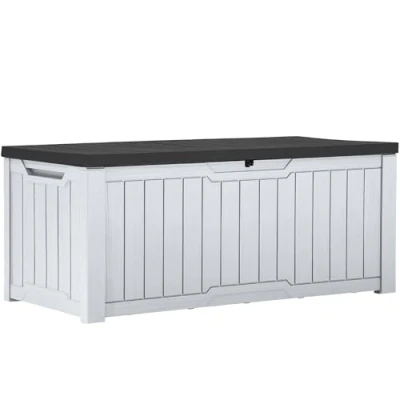 Image of YITAHOME Outdoor Storage Box, 120 Gallon Waterproof Deck Box for Garden Tools, Patio Cushions, and Pool Accessories, Lockable, Easy Assembly, Versatile Bench or Table (Black + White)