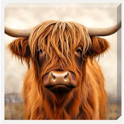 Image of Brown Solo Highland Cow In Field Canvas Scottish Wall Art Bright Picture (20&quot; X 20&quot; (508MM 508MM))