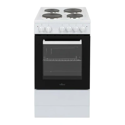 Image of Willow WE50SSW 62L Freestanding Electric Cooker, 50cm Wide Single Cavity Cooker with Solid 4 Zone Plate Hob, 2 Year Warranty White