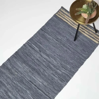 Image of HOMESCAPES Grey Genuine Leather Runner Rug Handwoven Stripe Design Recycled Eco Friendly Real for Hallways, 66 x 200 cm