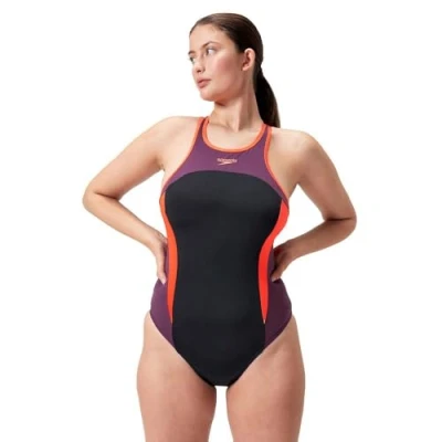 Image of Speedo Womens HIGH NECK Splice Cross BACK Swimsuit Swimsuit, Women&#039;s, Size: 36, Black/plum dandy/siren red