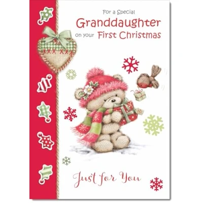 Image of doodlecards Granddaughters 1st First Christmas Card Cute Bear with Red Hat Medium Size for Plain Envelope
