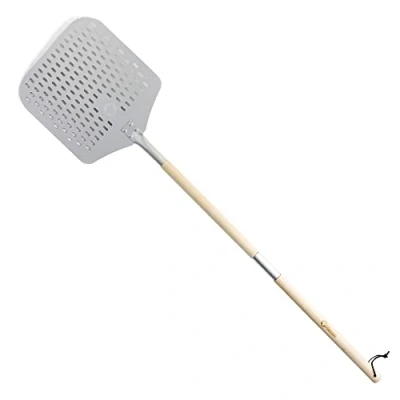 Image of Chef Pomodoro Long Perforated Pizza Peel 12&quot; x 14&quot; (30 36 cm), Aluminum Paddle with Detachable Wood 49&quot; (124 cm) Extendable Handle for Easy Storage Gourmet Luxury Turning Baking